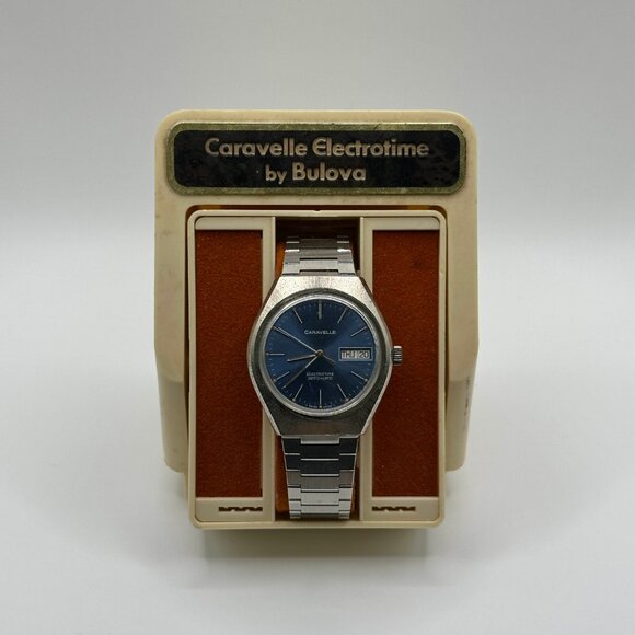 Vintage Caravelle Bulova Electrotime Blue Dial Setomatic Day Date Watch Mens - Picture 1 of 8